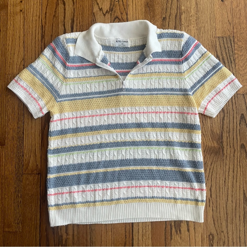Vintage 80s Alfred Dunner Pastel Short Sleeve Knit Collared Top Small Grannycore